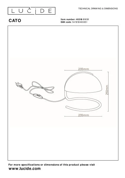 Lucide CATO - Tafellamp - Ø 23,5 cm - 1xE27 - Wit - technisch